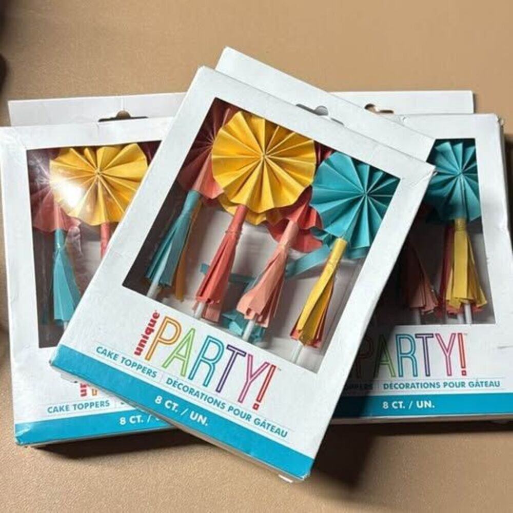 3 packs, Feelin' Retro Birthday Paper Fan Cake Toppers with Tassels